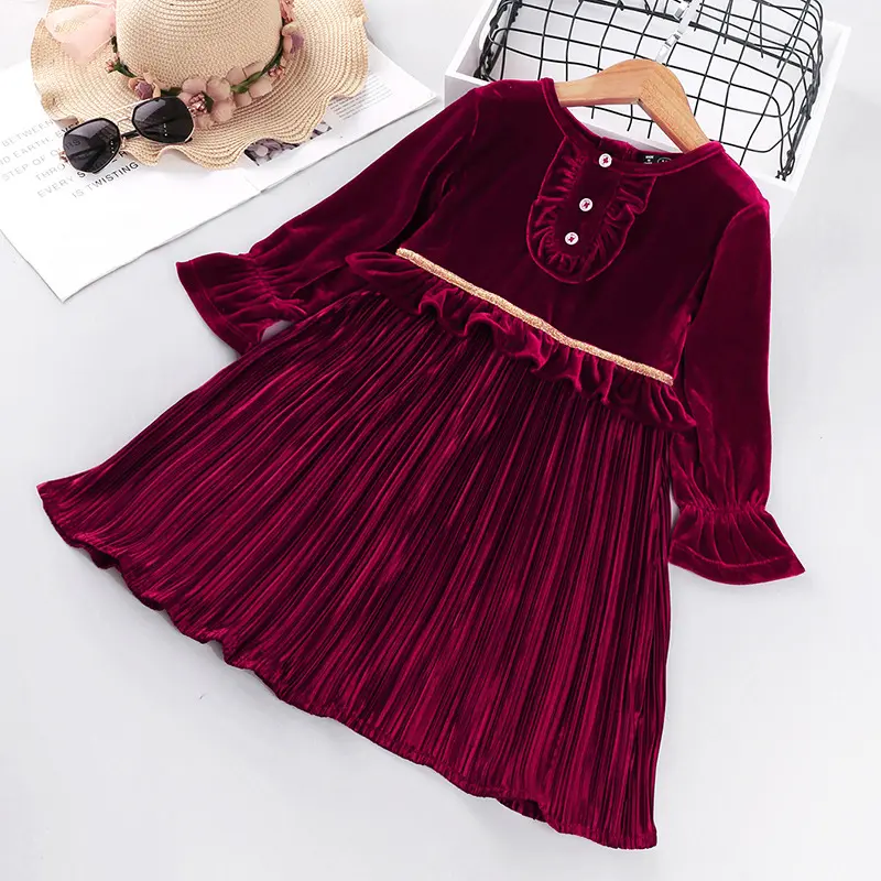 Girls dress new 2022 spring and autumn gold velvet stitching long-sleeved princess skirt foreign trade children's clothing