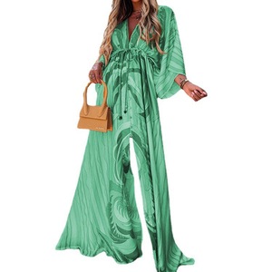 Vestido Maxi de Playa con Estampado Floral, Cuello en V, Botones Delanteros y Mangas Murciélago para Mujer, Tallas Grandes, Dropshipping Shopify - Product Image 1