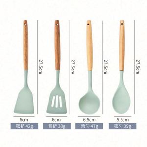 Raybin Wholesale 12 Pcs Kitchen Cooking Utensil Set Holder Baking Gadget Nonstick Silicone Spatula <b>Kitchenware</b> With Wood Handle - Product Image 3