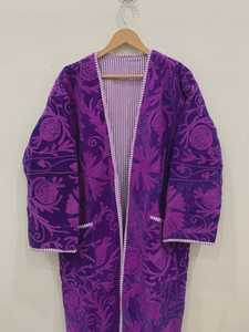 Robe Kaftan Longue Artisanale en Velours Violet à Imprimé Animalier, en Coton Suzani, Ceinturée, Style Bohème, pour Festival, Veste Élégante, Vêtement d'extérieur pour l'Hiver - Product Image 5