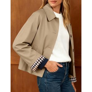 Manteau trench pour femme, coupe courte, surdimensionné, boutonné, manches longues, col à revers, vêtement décontracté pour l'automne - Product Image 3