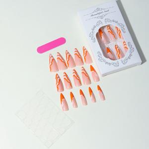 Faux ongles à presser style européen et américain, motif vague orange, design français minimaliste, amovibles, vente en gros - Product Image 2