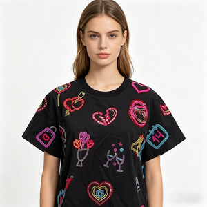 Camisetas Negras de <span class=keywords><strong>Cuello</strong></span> Redondo con Lentejuelas de Alta Calidad y Lindos Estampados, Ropa de Moda para <span class=keywords><strong>Mujer</strong></span>, Camisetas de Algodón Personalizadas de Secado Rápido y Manga Corta - Product Image 1