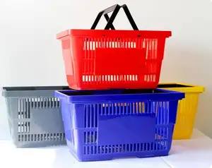 Panier de supermarché en plastique, vente en gros, panier de supermarché pliable avec poignées