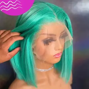 Factory direct glueless commercial transparent lace front wig Brazilian Hair straight green color human hair wig