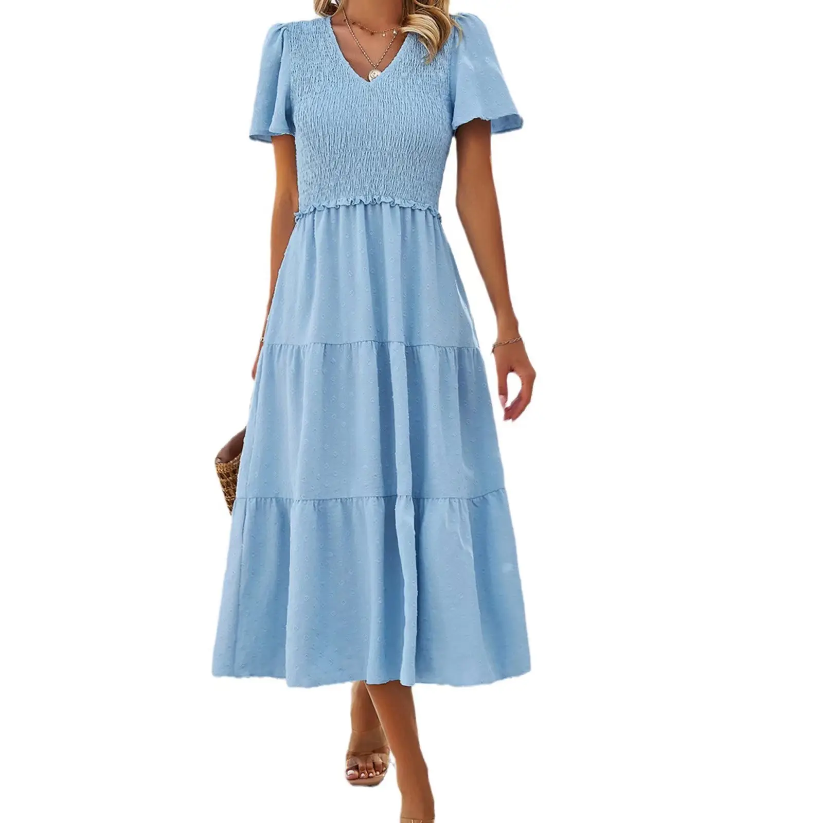 Vintage Cotton Chiffon Casual Polka Dot Dress Party A-line Swing Dress Midi Dress D853 Women's Elegant Natural with Short Sleeve