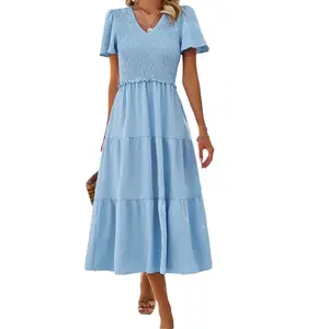 Vintage Baumwolle Chiffon lässig Polka-Punkt-Kleid Party A-Linie Swing-Kleid Midi-Kleid D853 Damen elegantes natürliches mit kurzen Ärmeln
