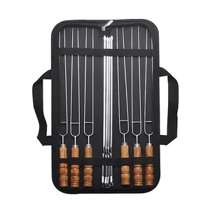 Pack of 10pcs Stainless Steel Barbecue Forks Sticks Wood Handle U-Shaped BBQ Meat Kabob Shish Turkish Skewers Set With Carry Bag