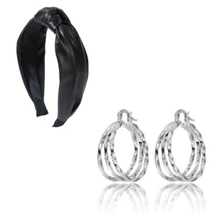 Set di Abbigliamento Casual da Donna, Tendenza Moda, Fasce per Capelli in Pelle PU Tinta Unita, <span class=keywords><strong>Orecchini</strong></span> a Cerchio Color <span class=keywords><strong>Argento</strong></span> - Product Image 1