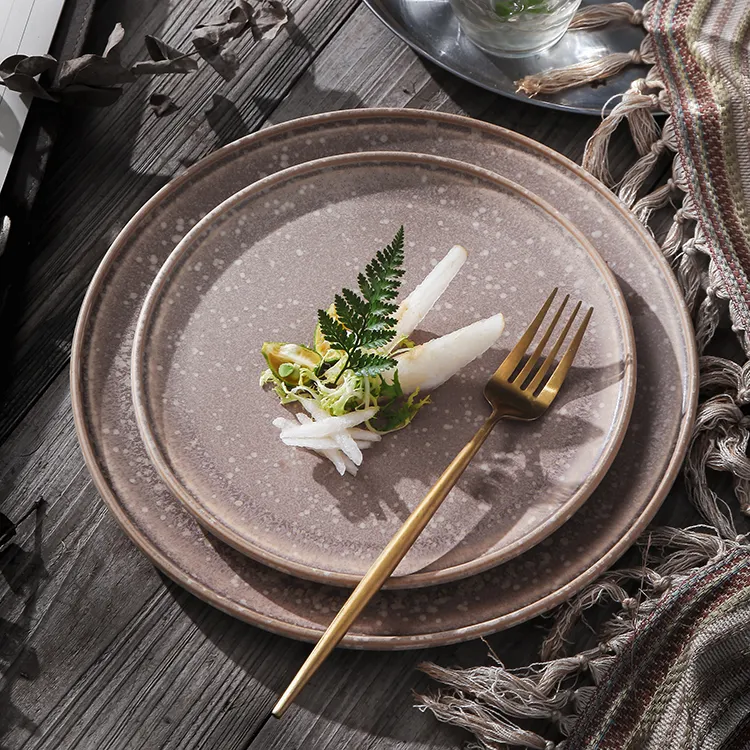 Unique speckled vintage texture round shape porcelain steak pasta plate dishes ceramic dinner plates for restaurant