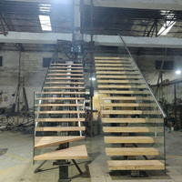 Moderne Holz- und Stahltreppe mit Geländer aus gehärtetem Glas, Metallhandlauf, Innen-Geradtreppe, Treppenlift, Steigende Treppe