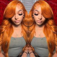Perruque frontale en dentelle HD 13x4 sans colle, en cheveux humains Remy brésiliens, ondulée, couleur gingembre-orange, pré-épilée
