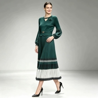 Robe plissée Miyake pour femme grande taille, longueur cheville, à volants, à rayures géométriques, avec ceinture à fleurs 3D, style peplum et manches lanternes