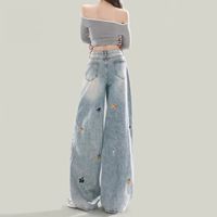 Jeans décontractés taille haute pour femmes, motif brodé empreintes de chiot, pantalon large grande taille pour femmes