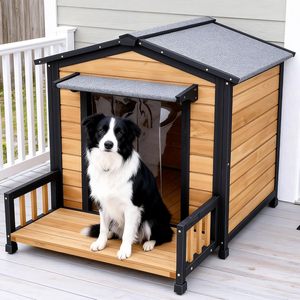 Nichoir moderne en bois pour chien avec porche extérieur, toit résistant aux intempéries, porte transparente écologique, pour chiens de taille moyenne, gris - Product Image 1