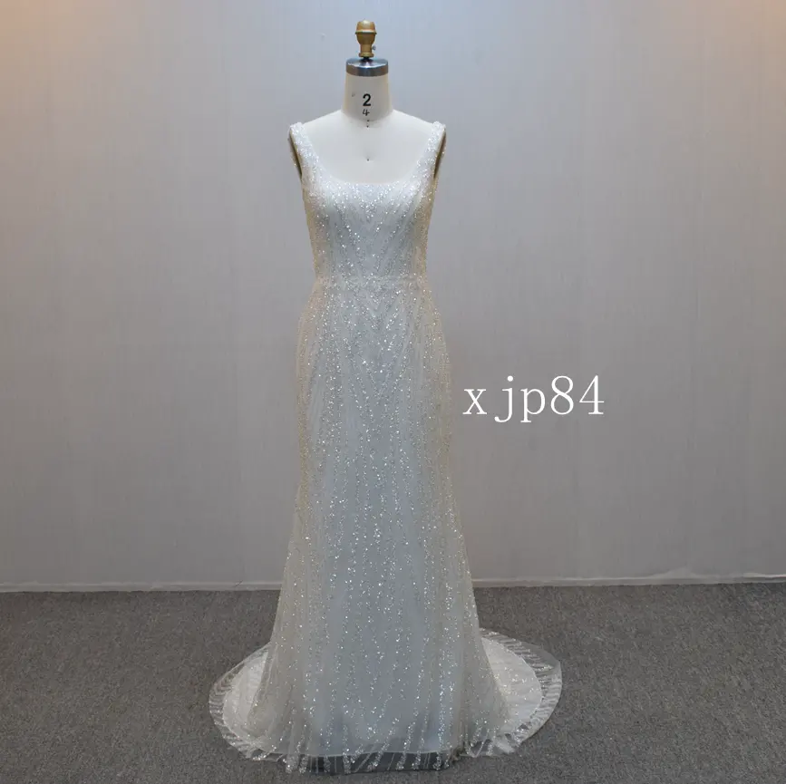 2024 Mermaid vestidos de novia yeni tasarım V boyun hiçbir kollu boncuk Backless düğün elbisesi