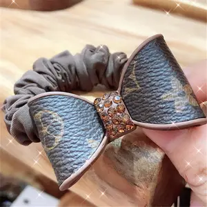 New Arrival Vintage Designer Elastic Rubber Bands Rhinestone Bowknot Pu Leather Scrunchies Hair Accessories