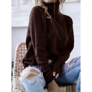 Pull à col roulé côtelé à manches longues, marron café, taille S, pulls pour femmes - Product Image 1