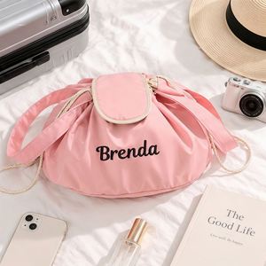 Custom Name Embroidered Lay Flat <b>Drawstring</b> <b>Makeup</b> <b>Bag</b> Large Capacity Foldable Travel Cosmetic Organizer 28x14cm - Product Image 2