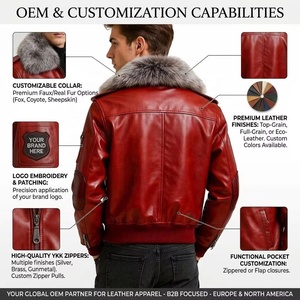 OEM Herren Pilotenjacke aus Pferdeleder mit Mehrfach-Taschen, Kunstfellkragen, Reißverschluss vorne, Gerippte Manschetten und Saum, Leder-Fliegerjacke - Product Image 3