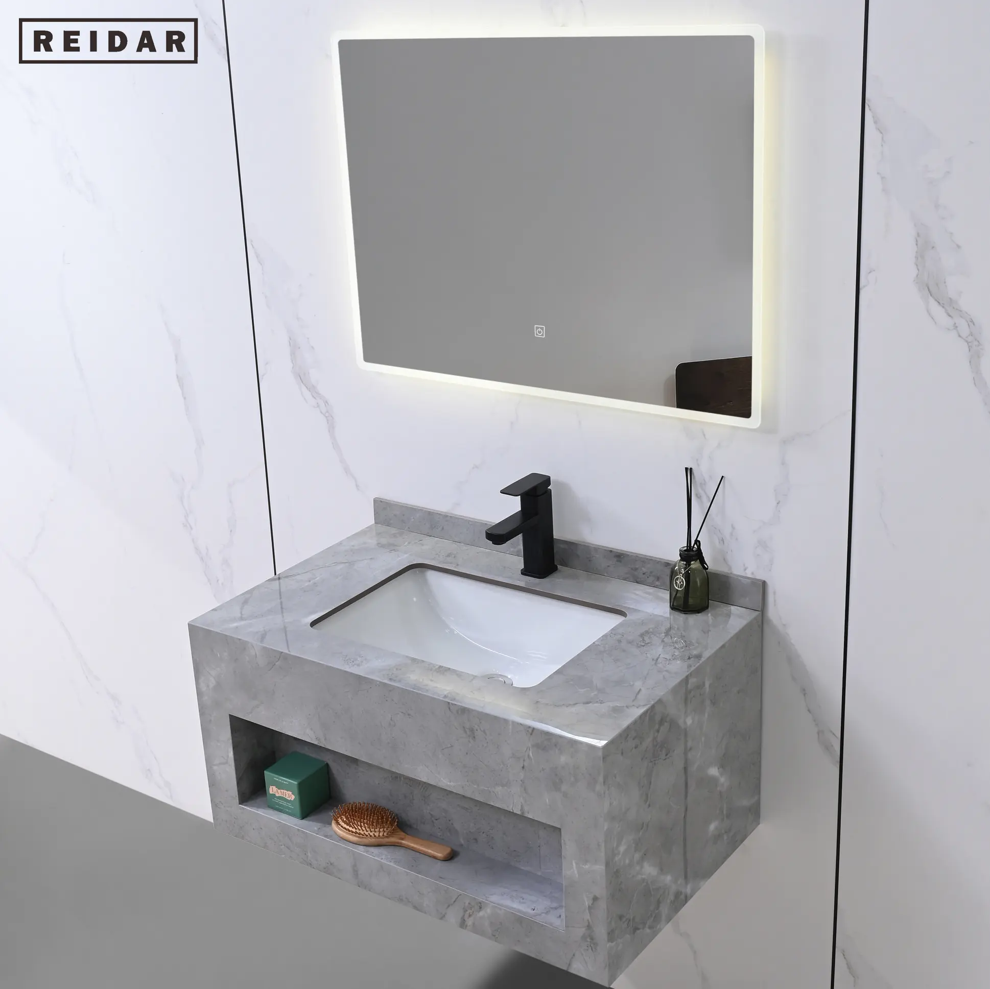 Armário de lavatório de banheiro em pedra sinterizada de mármore para parede de luxo leve com espelho