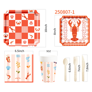 จานกระดาษลายกุ้งมังกรแดง DAMAI รูปทรงสี่เหลี่ยม แบ่งช่องเล็กๆ สำหรับอาหารทะเล พร้อมถ้วยและผ้าเช็ดปาก - Product Image 3