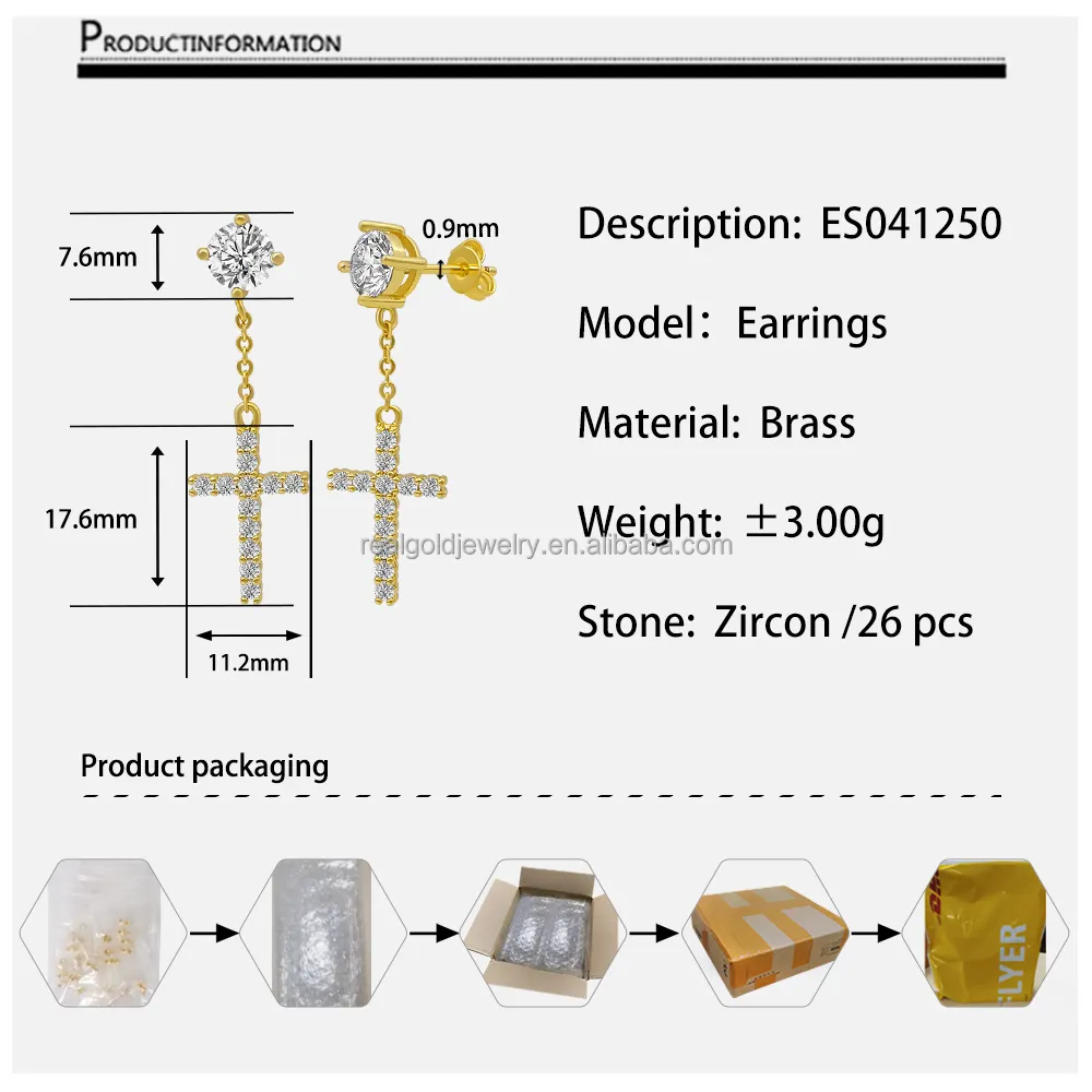 女性のためのクリアジルコンでメッキされたゴールドカラーのトレンディなスタイルのクロスペンダントイヤリング真鍮イヤリング素敵なイヤリング卸売