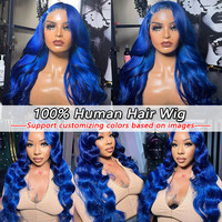 Wig rambut manusia Brasil warna biru kustom untuk wanita penutup renda prepped dengan gaya gelombang dalam lurus 13x4 Wig depan renda