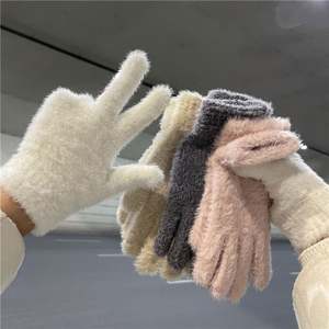 Lady's Autumn Winter Finger <b>Gloves</b> Korean-Style Thick Polyester Plush <b>Knitted</b> Wrist-Length Windproof with Warm Fleece Pattern - Product Image 6