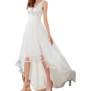 Fashion white high waist ruffle V-neck sleeveless A-line bridal wedding dress