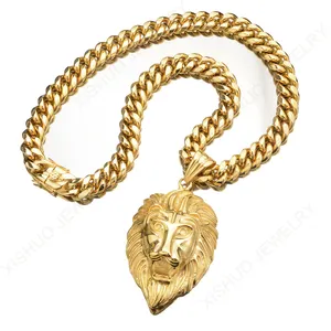 In Stock 316L Stainless Steel 18K Real Gold Plating Punk Big Lion Head Pendant Necklace Hiphop Trend Cuban Chain Men's Necklace