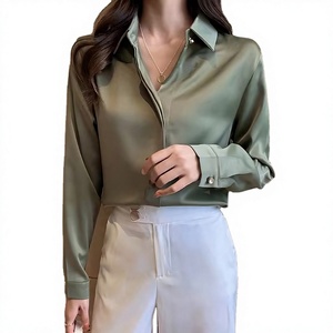 Elegant Women's Silk Satin Long Sleeve Shirt Turn-<b>Down</b> Collar Solid Color Slim Fit Spring Summer Wear Women's T-Shirts - Product Image 1