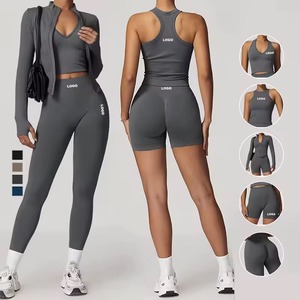 Conjunto de Yoga sin Costuras para <span class=keywords><strong>Mujer</strong></span>, Sujetador Deportivo, Camiseta sin Mangas, Leggings de Cintura Alta, Pantalones Cortos de Ciclismo, Chaqueta con Cierre, Ropa Deportiva para Entrenamiento - Product Image 3