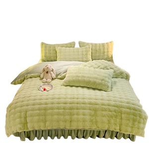 Rabbit Fur Milk Fleece Bedding Set Winter Thickened Warm Duvet Cover Pillowcases Bed Skirt Princess Style Stripe Pattern - Product Image 2