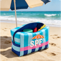 Pochette de maquillage portable en nylon brodé SPF pour femme, sac cosmétique rayé pour l'été et les voyages, vente en gros