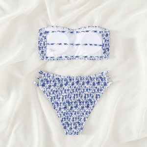 Costume da bagno da donna blu con stampa floreale, sexy, con reggiseno imbottito a fascia e <span class=keywords><strong>perizoma</strong></span> alto, bikini 2 pezzi, costume da bagno estivo senza schienale per la spiaggia - Product Image 3