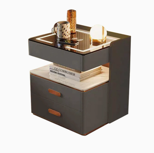 طاولة سرير ذكية حديثة رخيصة بالجملة مع شاحن لاسلكي LED ودرجين، طاولة جانبية ذكية - Product Image 2