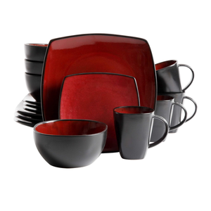 Juego de Vajilla de 16 Piezas, Platos Cuadrados, Color Negro Mate y Rojo, Liquidación - Product Image 1