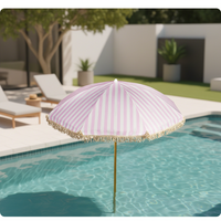 Parasol de plage/piscine extérieur imperméable en polyester résistant aux UV, à rayures roses, en macramé, avec franges