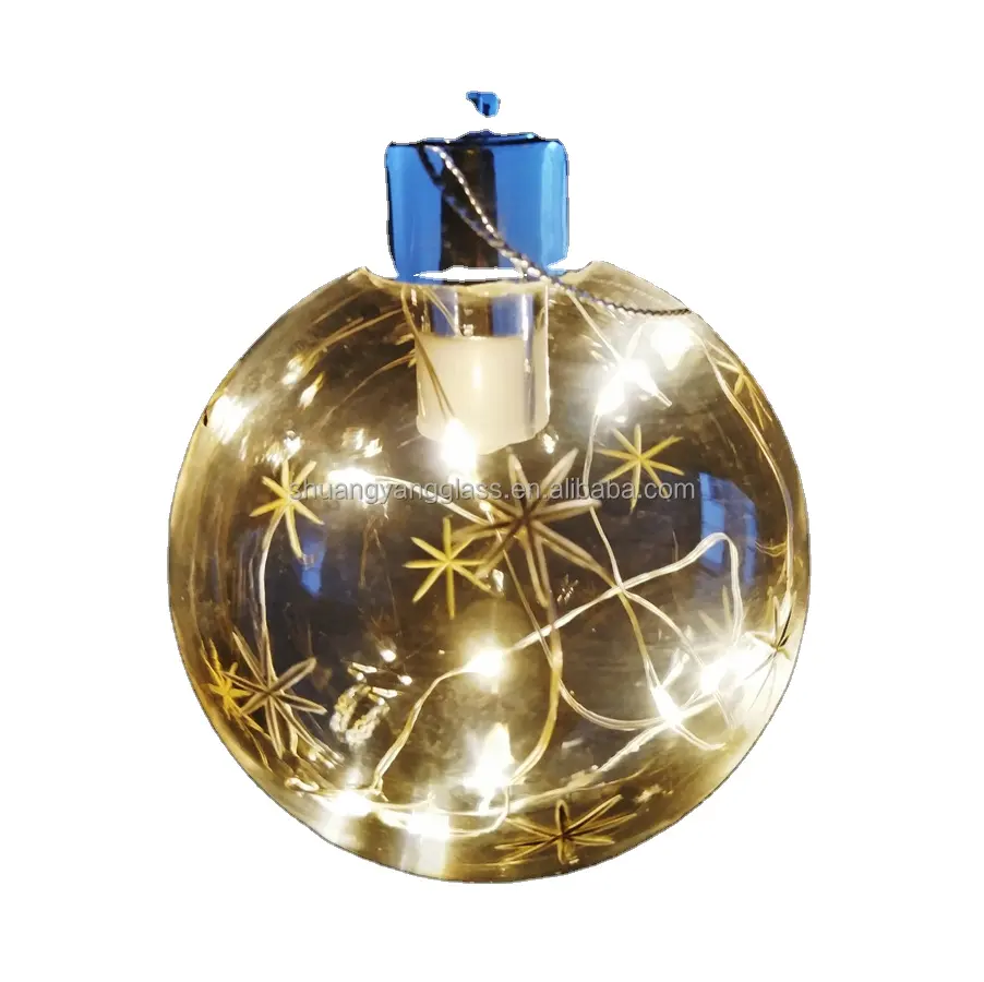 Sfera d'attaccatura di natale di vetro soffiato chiaro giallo caldo trasparente del modello di fiore del riso della decorazione 80 mm della luce di natale