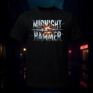 T-shirt Midnight Hammer noir avec design graphique, chemise promotionnelle pour hommes - Product Image 3