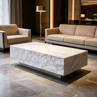 Table basse en marbre massif épais, design cubique, double base, veinure blanche Arabescato, pour salon