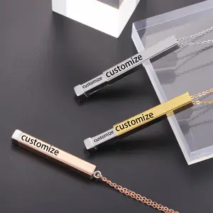 PVD 18K Gold Plated Jewelry Stainless Steel Retractable Stretch Pull Bar Customized Engraved LOGO Hidden Bar Pendant Necklace