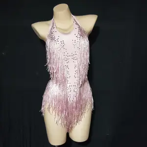 Novance Y2331 China Suppliers Handmade Crystal Rhinestone Tassel Pink Outfits Causal Bodycon Dress Women Mini Party Dance Wear