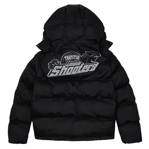 Trapstar jaqueta de longa com capuz masculina, casaco térmico bordado e bufante, preta/refletiva, para inverno