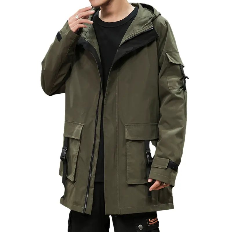 Wholesale Custom Logo Spring autumn Mens Long Sleeve Pullover Mid length Jacket Multi pocket Plus Size Jackets