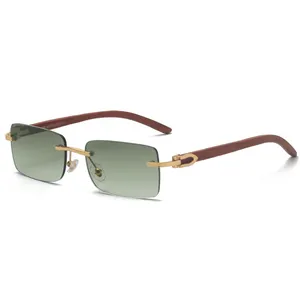 Wood Sunglasses Manufacturer Newly Arrival Metal Hinge Wooden Arms No Frame Rimless Colorful Lenses Sunglasses