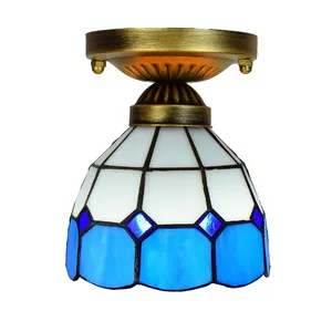 110V Ronde Led Plafondverlichting Lamp Voor Slaapkamer Blauwe Kleine Bladeren Led Prijs Paneel Glas Tiffany Plafondlamp