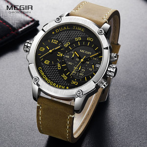 Montres-bracelets à quartz <span class=keywords><strong>MEGIR</strong></span> 2093 pour hommes, double fuseau horaire, chronographe de luxe en cuir, <span class=keywords><strong>montre</strong></span> de sport - Product Image 3