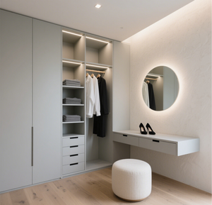Armoire intégrée minimaliste Balom sur mesure avec coiffeuse et grand placard gris avec bande LED pour l'ameublement de la maison - Product Image 1